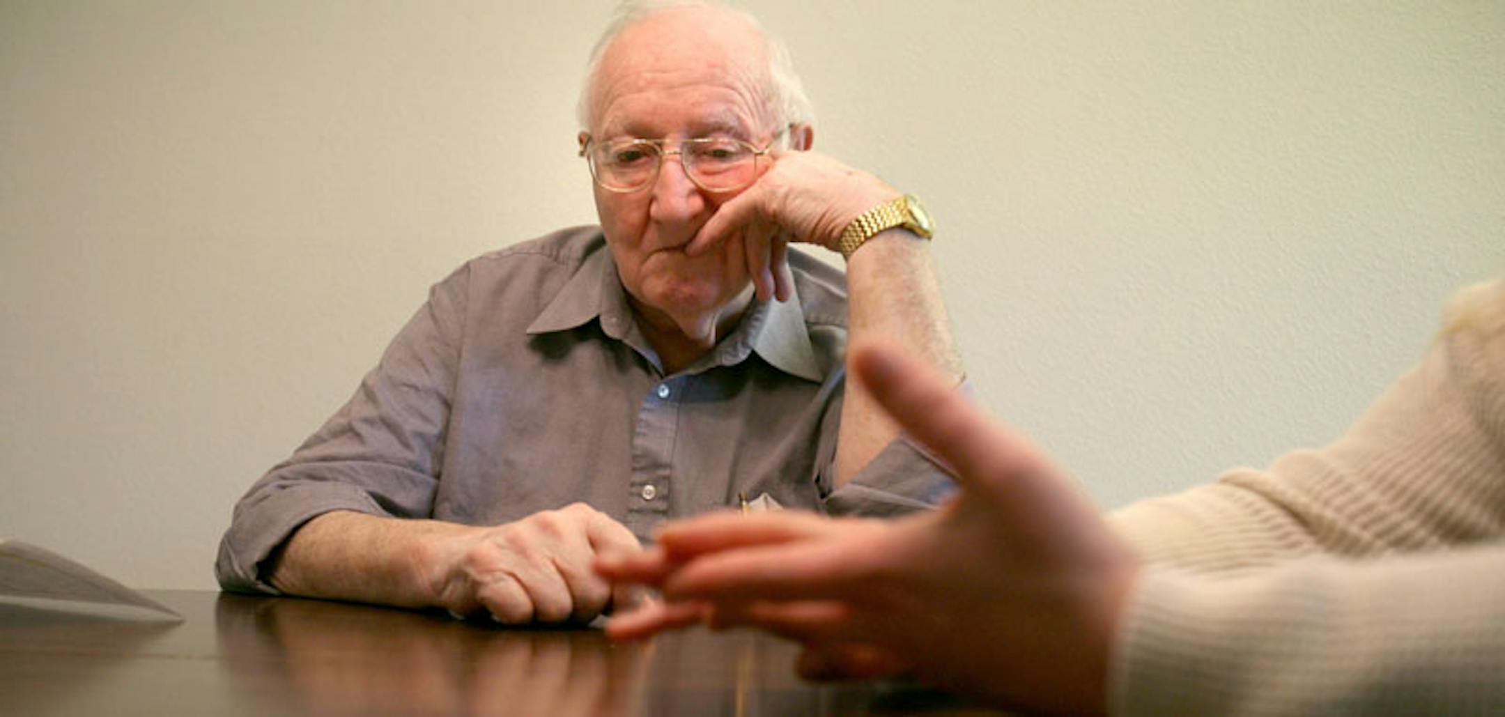 Donald Mayne listens as his daughter Linda Jentink explains why his nursing home bill hadn't been paid.