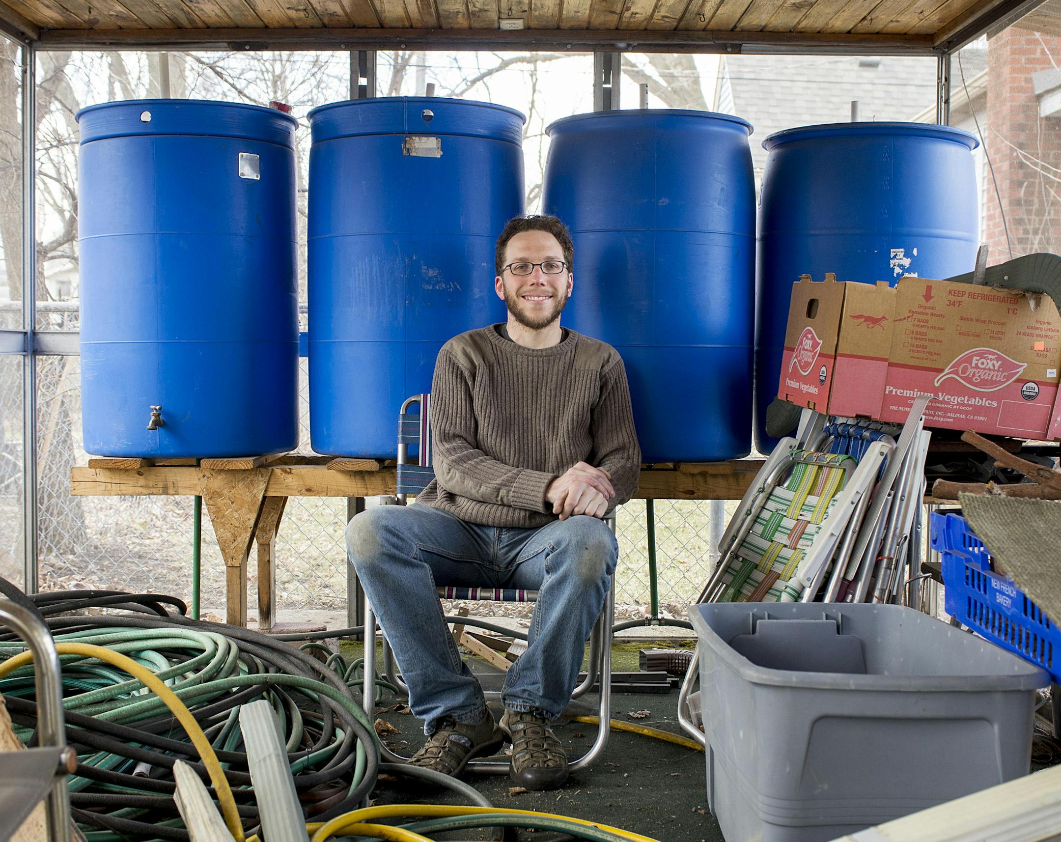 Karl Stoerz took features of various rain collecting systems that he had seen online and tweaked them for a system of his own. BRIDGET BENNETT SPECIAL TO THE STAR TRIBUNE • bridget.bennett@startibune.com Stoerz has 12 barrels connected to the system that holds the collected rain from runoff of the roof of his building. Stoerz took features of various rain collecting systems that he had seen online and tweaked them for his own. The water is used to help water the garden in the backyard of