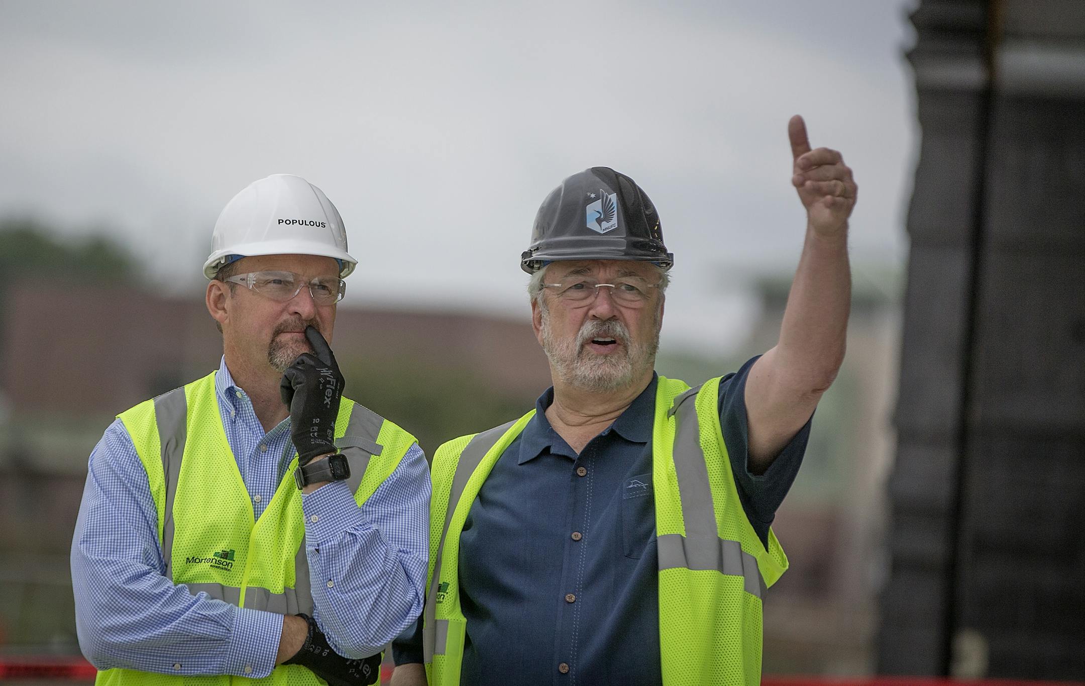 Bruce Miller, the architect for Populous, left, and Dr. Bill McGuire, MNUFC Managing Partner gave a tour of the new soccer stadium Tuesday, August 28, 2018 in St. Paul, MN.