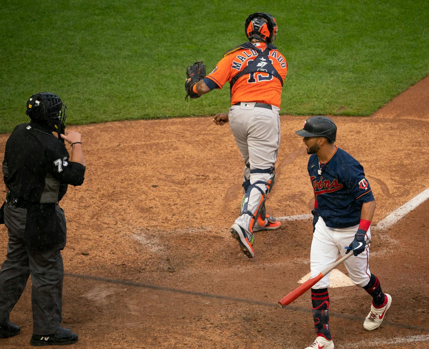 Twins left fielder Eddie Rosario spoke to home plate umpire Manny Gonzalez after he struck out in the sixth inning. Gonzalez ejected Rosario for the incident.