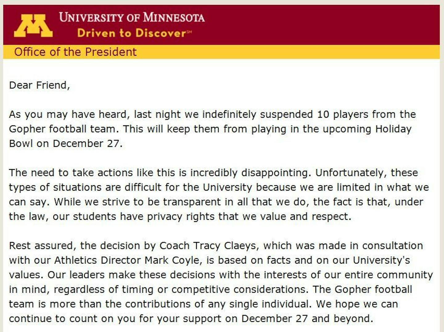 A portion of a letter written by University of Minnesota President Eric Kaler to Gopher boosters.