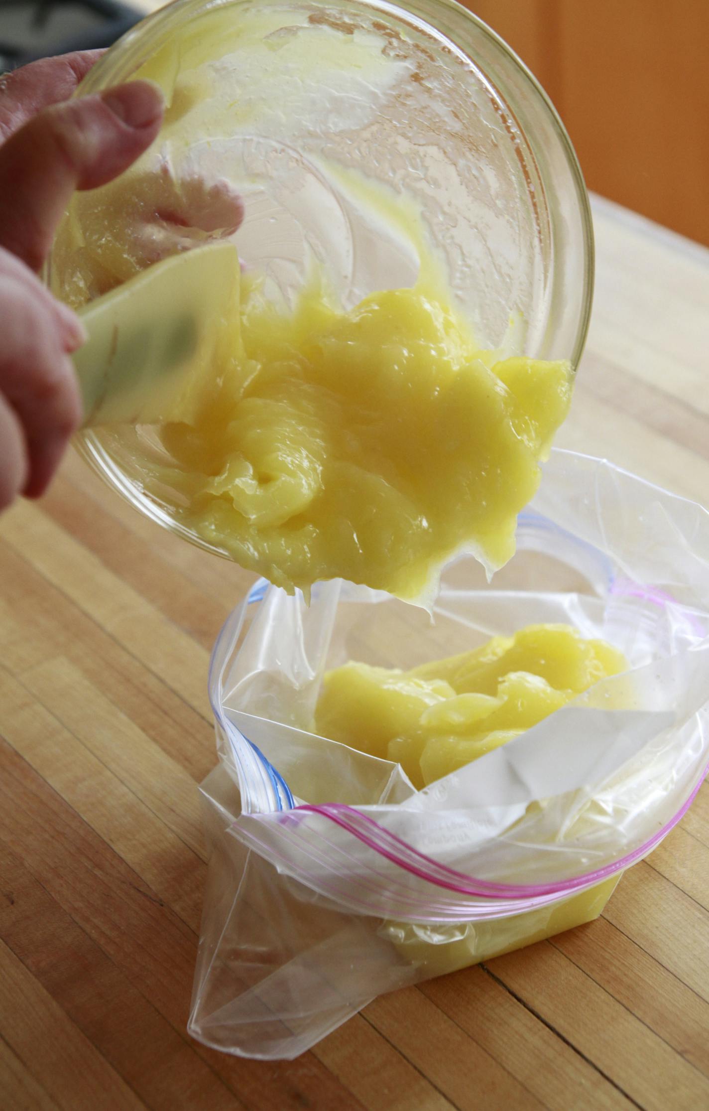 Baking Central - Lemon Lush -in progress shots making a pastry chefs bag using a zip lock kitchen bag ] Tom Sweenet, March 18, 2015, Edina, MN