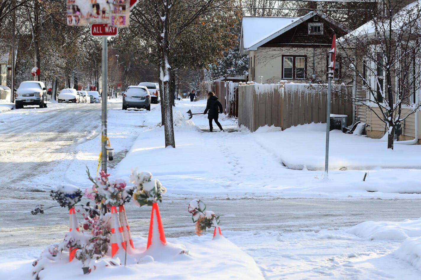 Police say gang members and others have erected barriers around the No-Go Zone at 38th and Chicago and are cruising the area while armed and intimidating residents. Here, a memorial to Leneesha Columbus, 27, at 37th St. E. and Elliot Ave. near George Floyd Square and seen Wednesday in Minneapolis. Columbus was shot and killed by her boyfriend earlier in the summer while six months pregnant.