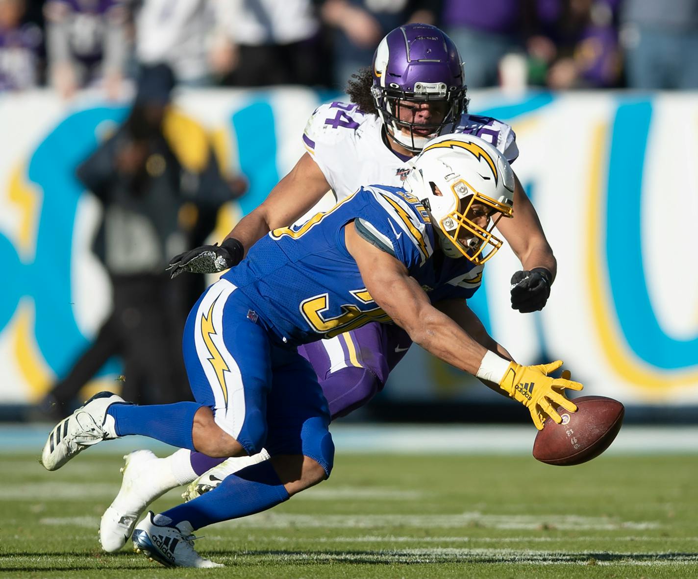 Chargers running back Austin Ekeler fumbled the ball after being hit by Vikings middle linebacker Eric Kendricks