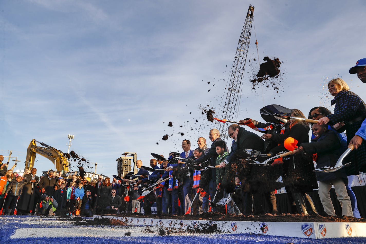 The dirt flew at a formal groundbreaking ceremony on a new stadium for new Major League Soccer expansion team FC Cincinnati on Dec. 18, 2018.