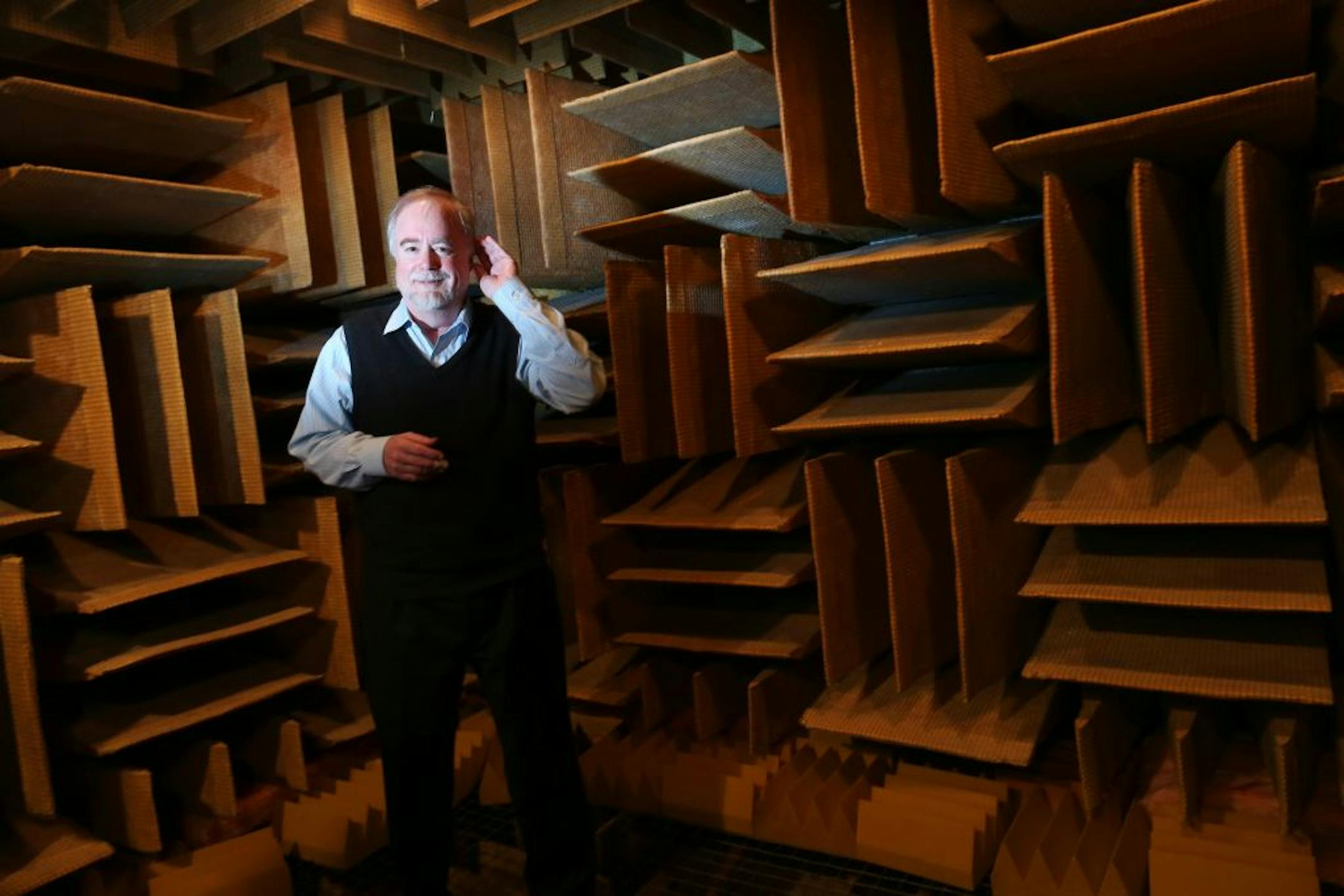Steve Orfield stood in Orfield Laboratories' anechoic chamber, considered one of the quietest places in the world on Thursday, April 19, 2012 in Minneapolis, Minn.