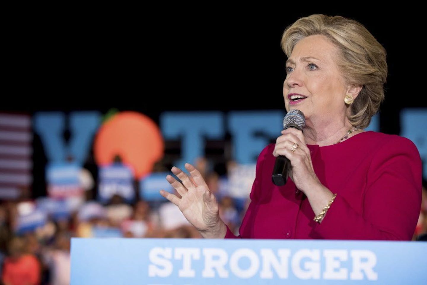 Democratic presidential candidate Hillary Clinton speaks at a rally at Broward College in Coconut Creek, Fla., Tuesday, Oct. 25, 2016.