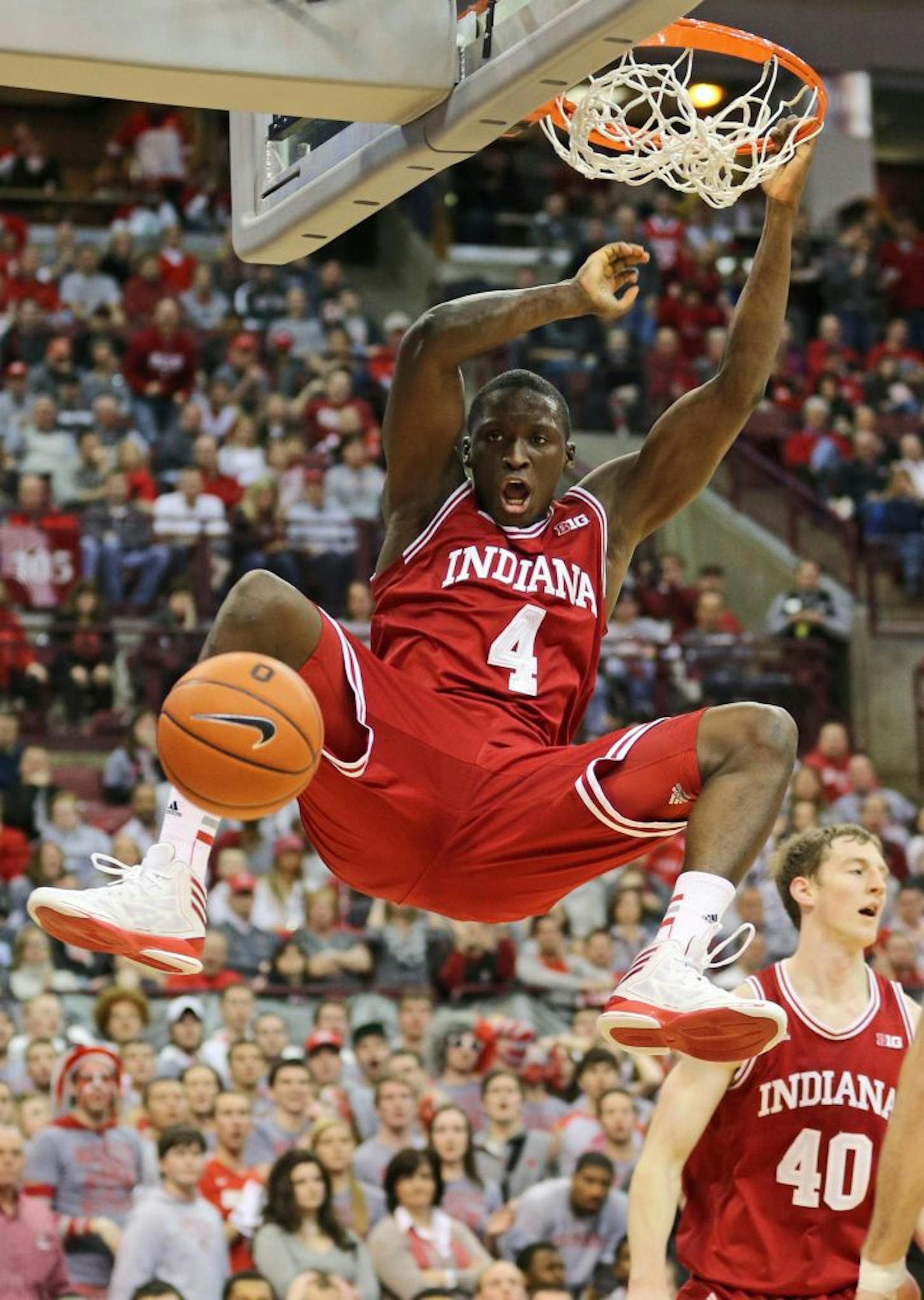 Indiana Hoosiers guard Victor Oladipo (4) makes a slam dunk during the first half of a NCAA college basketball game against Ohio State at Value City Arena in Columbus, Ohio, Sunday, February 10, 2013.