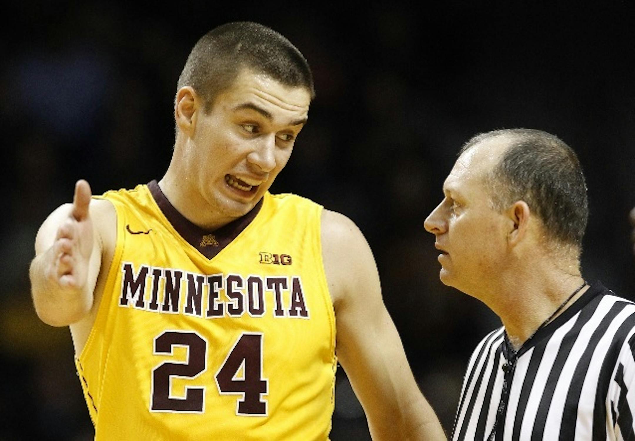 Gophers forward Joey King questioned a call during the first half of South Dakota State's 84-70 romp over Minnesota at Williams Arena on Tuesday night.