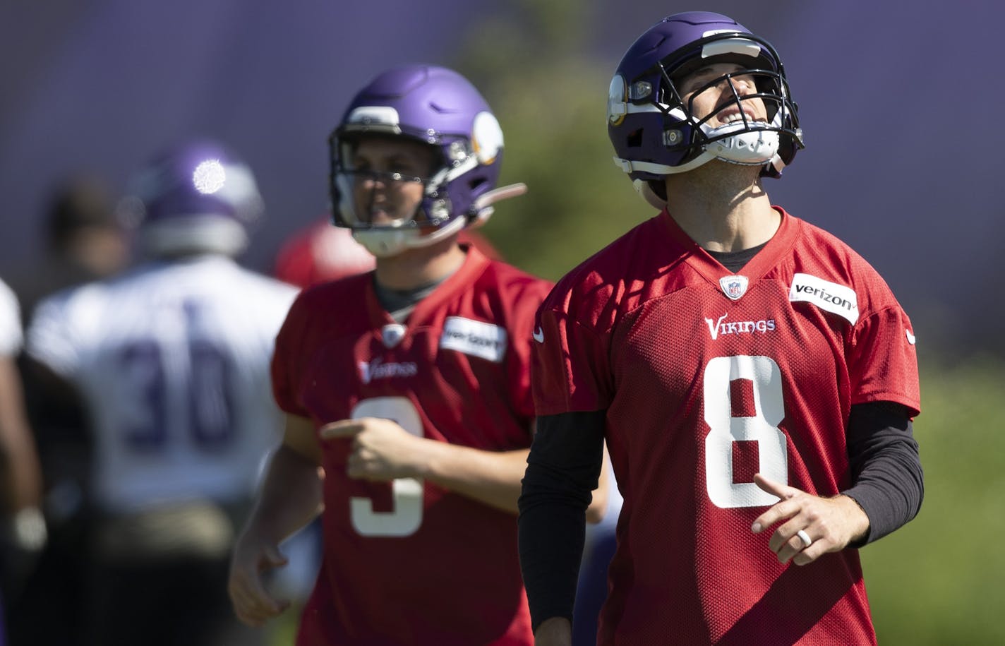 Vikings quarterback Kirk Cousins (8) got his first taste of the new offensive system under Kevin Stefanski and Gary Kubiak at minicamp.