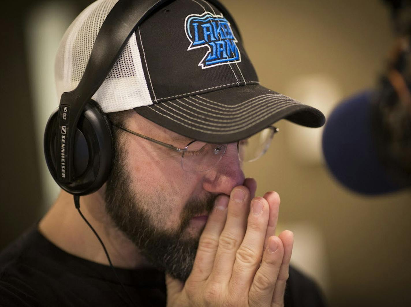 Chris Hawkey struggled to come up with an answer during a game between the DJs on the radio during the early morning show at the KFan radio studio on Friday, December 18, 2015, in St. Louis Park, Minn. ] RENEE JONES SCHNEIDER &#x2022; reneejones@startribune.com