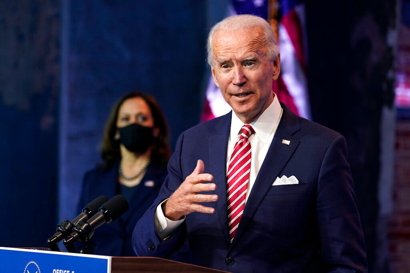 President-elect Joe Biden, accompanied by Vice President-elect Kamala Harris, spoke at the Queen theater, Nov. 16, 2020, in Wilmington, Del.