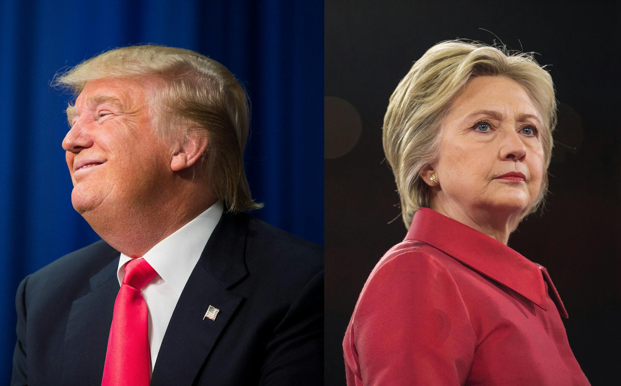 In a two photo combination, Republican presidential hopeful Donald Trump, left, in Iowa on Jan. 30, 2016, and Democratic presidential hopeful Hillary Clinton in Washington on March 21, 2016, at right. The Clinton-Trump battle of the sexes is already getting ugly and is only going to get worse as November approaches. (Left: Damon Winter, right: Zach Gibson/The New York Times)