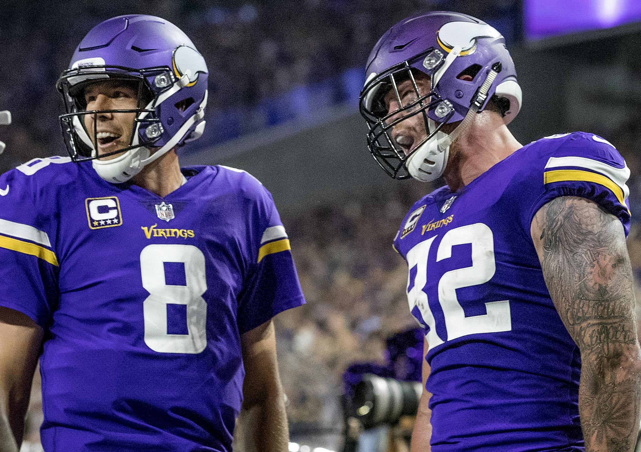 Minnesota Vikings Sam Bradford and Kyle Rudolph celebrated after connecting on a 15-yard touchdown pass in the fourth quarter.