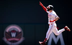 Twins catcher Ryan Jeffers rounds the bases after hitting a home run against the Red Sox on Sunday at Target Field.