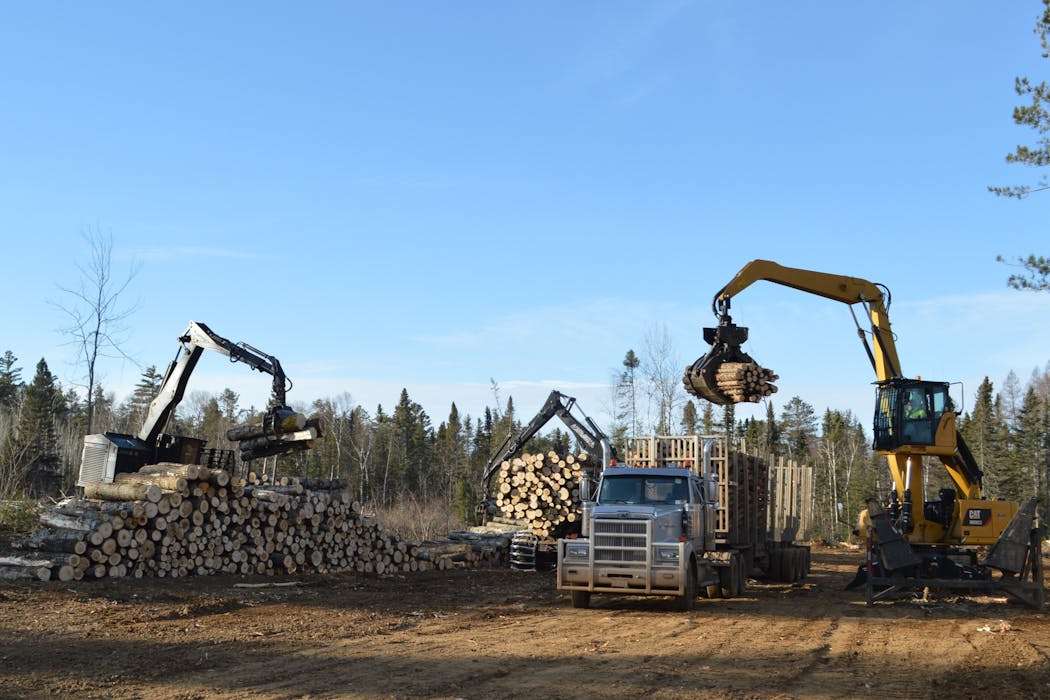 A truck is loaded by three machines run by Tibbetts Logging of Finland, Minn., in late November 2023. The winter logging season in Minnesota began late and didn't last long because of warm weather.