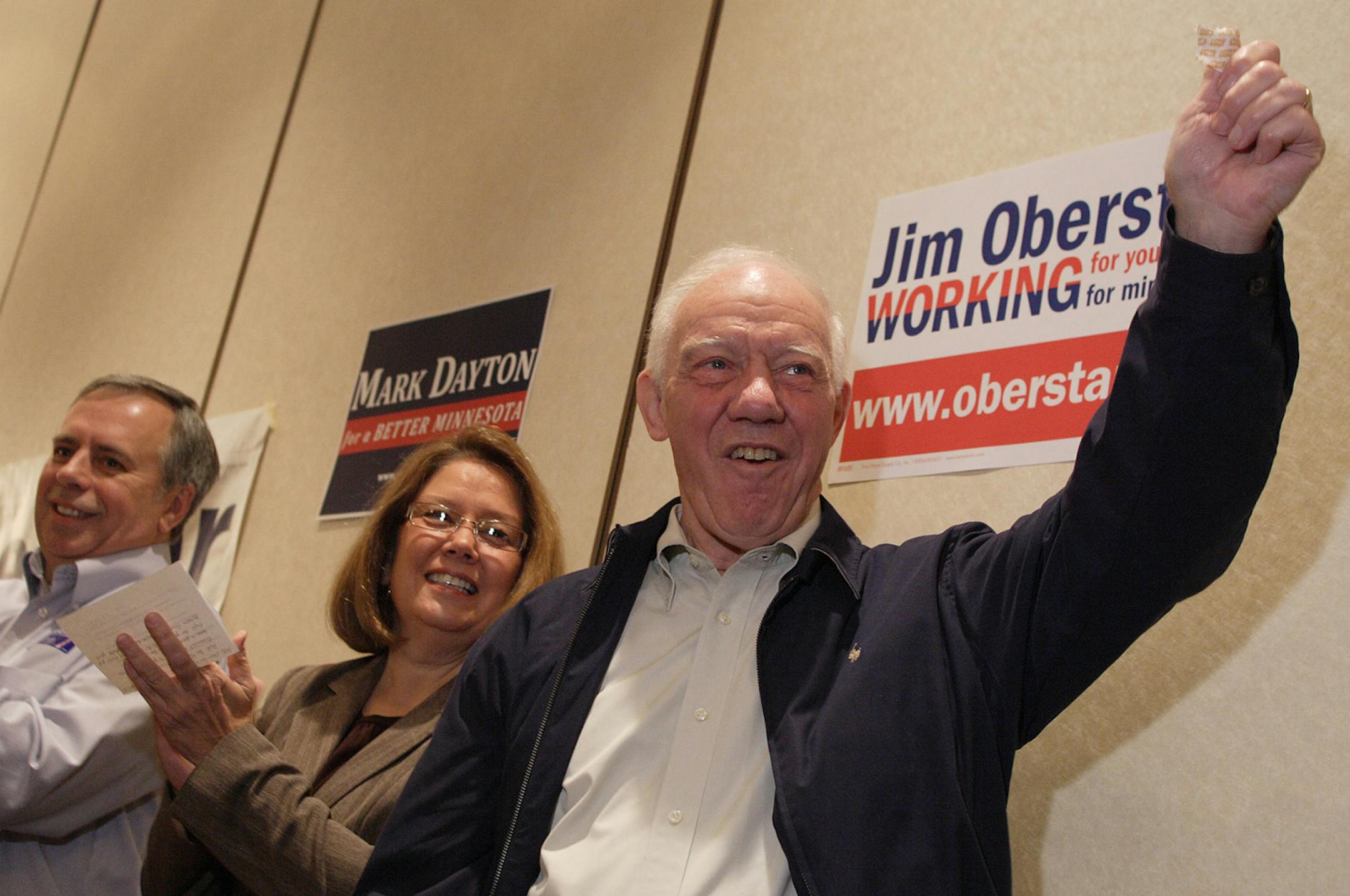 In this photo taken Oct. 3, 2010, U.S. Rep. Jim Oberstar, D-Minn., acknowledges supporters during a campaign rally of MAPE union workers in Duluth, Minn. Oberstar is running for re-election to the 8th District House seat he has held since 1975. Applauding are, left, Duluth city councilor Kerry Gauthier, who is running for the Minnesota State House 7B seat and lieutenant governor candidate Yvonne Prettner-Solon of Duluth. (AP Photo/Julia Cheng)