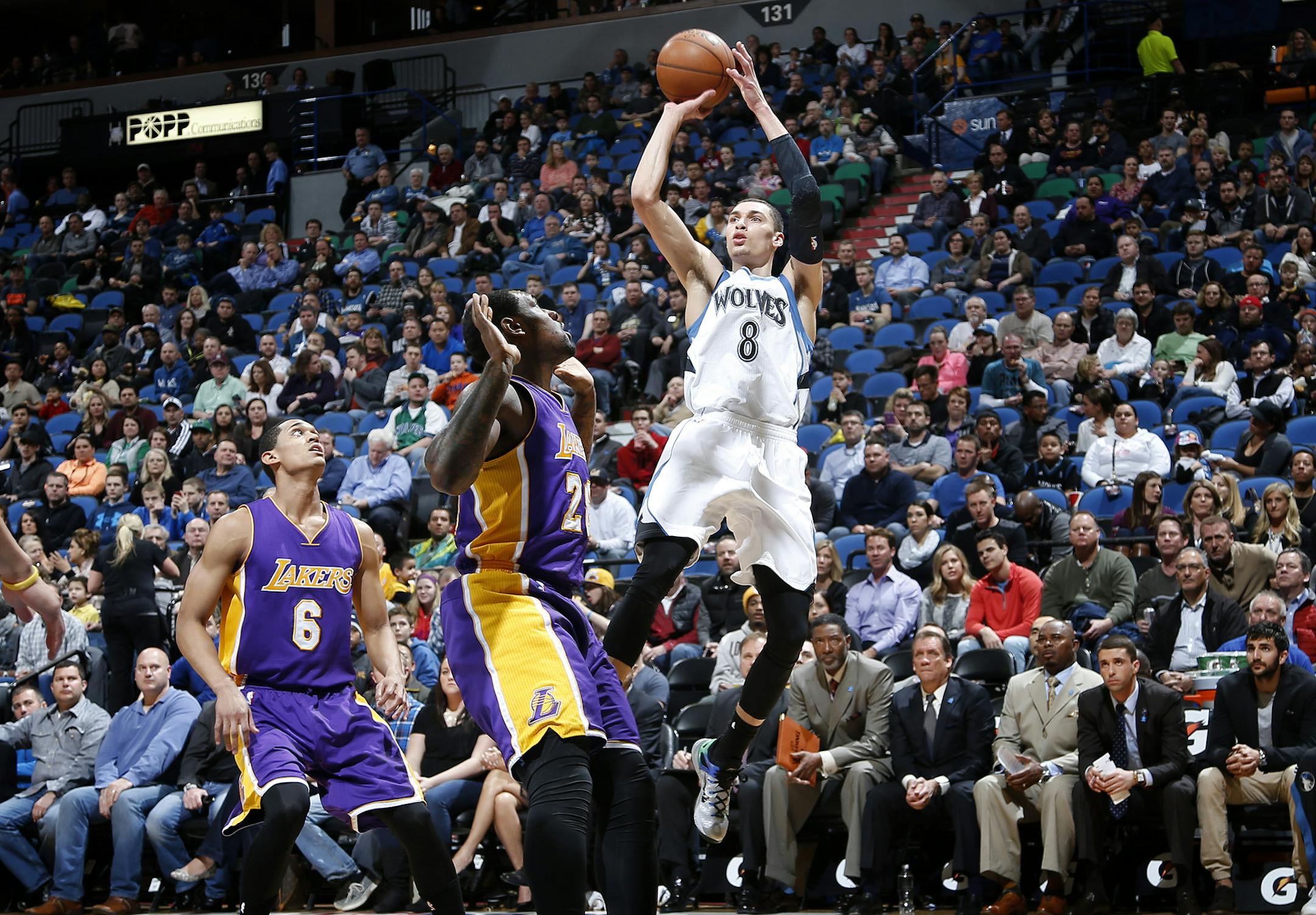 Zach LaVine (8) attempted a shot in the first quarter against the Lakers last month at Target Center. Wolves rookies are four games away from the end of an introductory season more demanding than whatever they might have imagined.