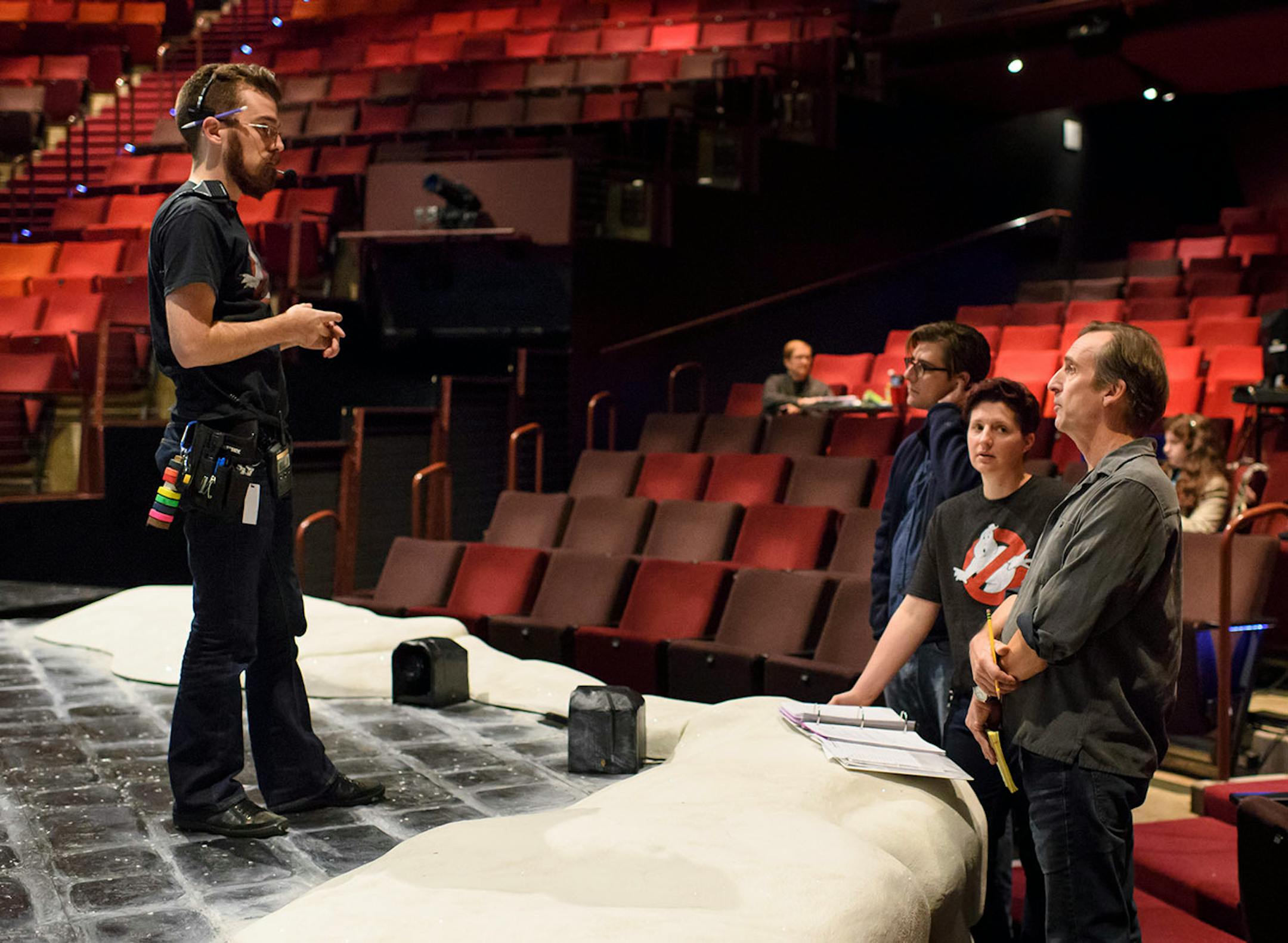 Jason Clusman, assistant stage manager, Adrian Lopez-Balbontin assistant director, Michele Hossle and director Joe Chvala went over notes for the production. ] GLEN STUBBE * gstubbe@startribune.com They are one of the most-important cogs in a theatrical production, yet can anyone really say they know what stage managers do? This is the person who makes sure everyone is on time, who calls the cues, who manages the show once it is up and running and the director has moved on, who handles the sched