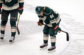 Minnesota Wild's Mikael Granlund reacts after the Dallas Stars defeated the Wild 3-2 in Game 4 in the first round of the NHL Stanley Cup hockey playof