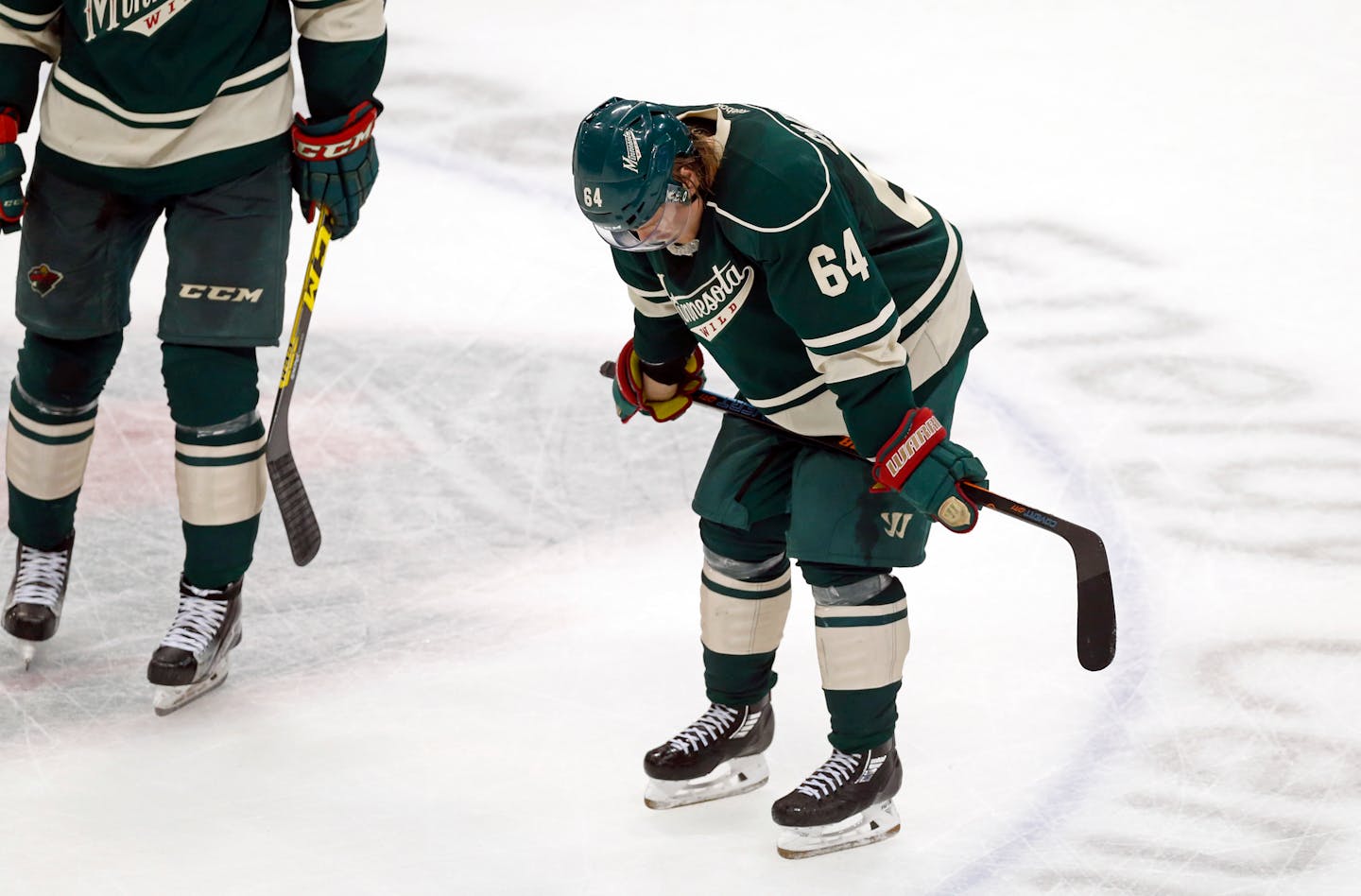 Minnesota Wild's Mikael Granlund reacts after the Dallas Stars defeated the Wild 3-2 in Game 4 in the first round of the NHL Stanley Cup hockey playoffs Wednesday, April 20, 2016, in St. Paul, Minn. (AP Photo/Jim Mone)