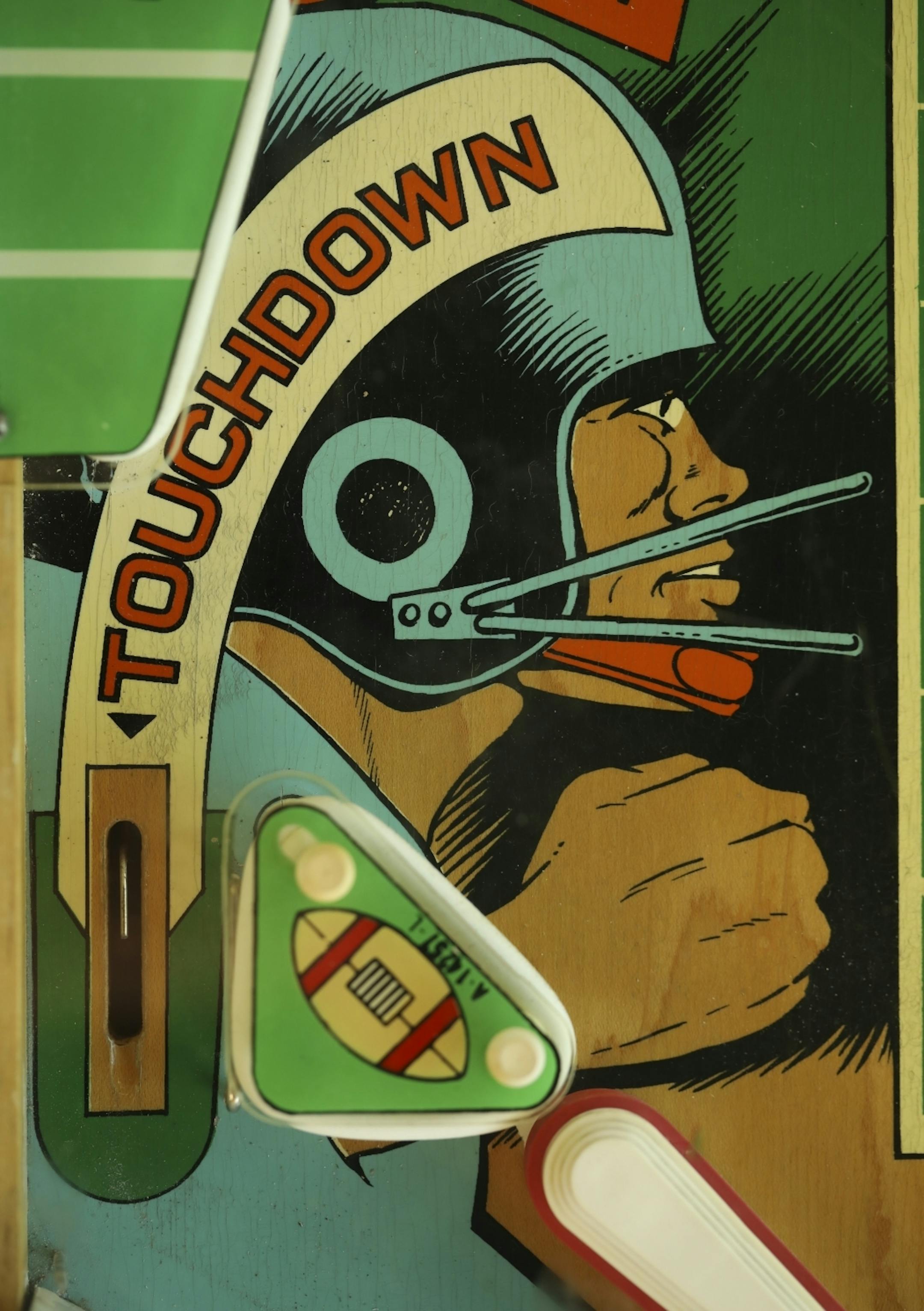 Detail of a football-themed Gottlieb model called Gridiron.