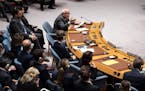 Palestinian Ambassador to the United Nations Riyad Mansour speaks during a Security Council meeting at United Nations headquarters, Thursday, April 18