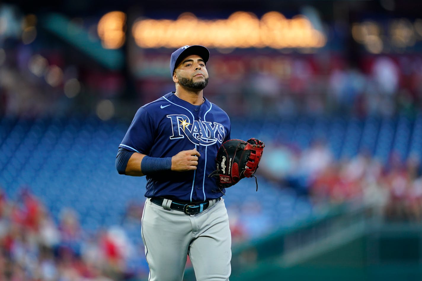 Tampa Bay Rays' Nelson Cruz plays during an interleague baseball game against the Philadelphia Phillies, Tuesday, Aug. 24, 2021, in Philadelphia. (AP Photo/Matt Slocum)