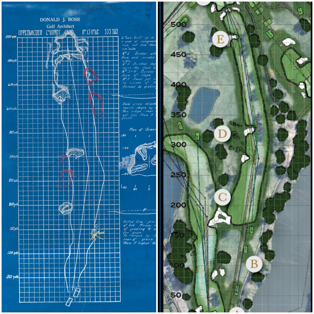 On the left is the original blueprint that Donald Ross drew for hole No. 12 at Interlachen Country Club. On the right is the new design for the hole by architect Andrew Green.