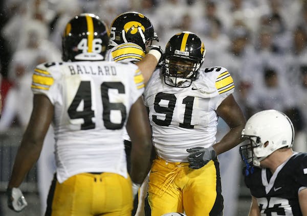 Cretin-Derham Hall graduate and Iowa sophomore defensive end Broderick Binns (91) will be a key player when the Hawkeyes play host to the Gophers on S