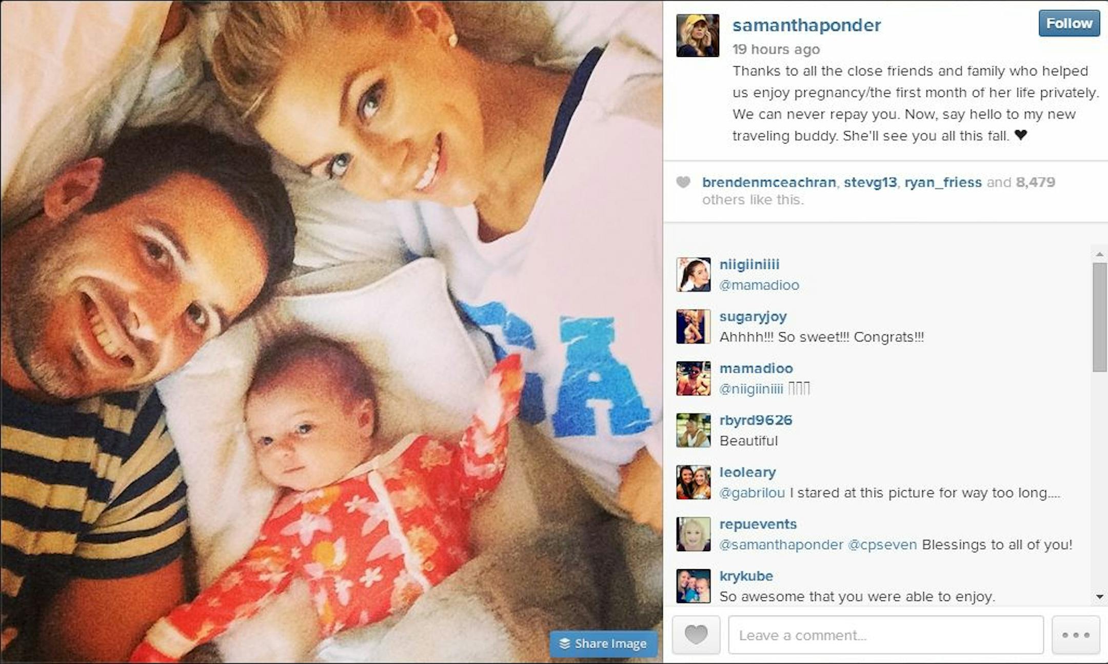 Samantha Ponder shared this photo of her, husband Christian and daughter Bowden on Instagram.