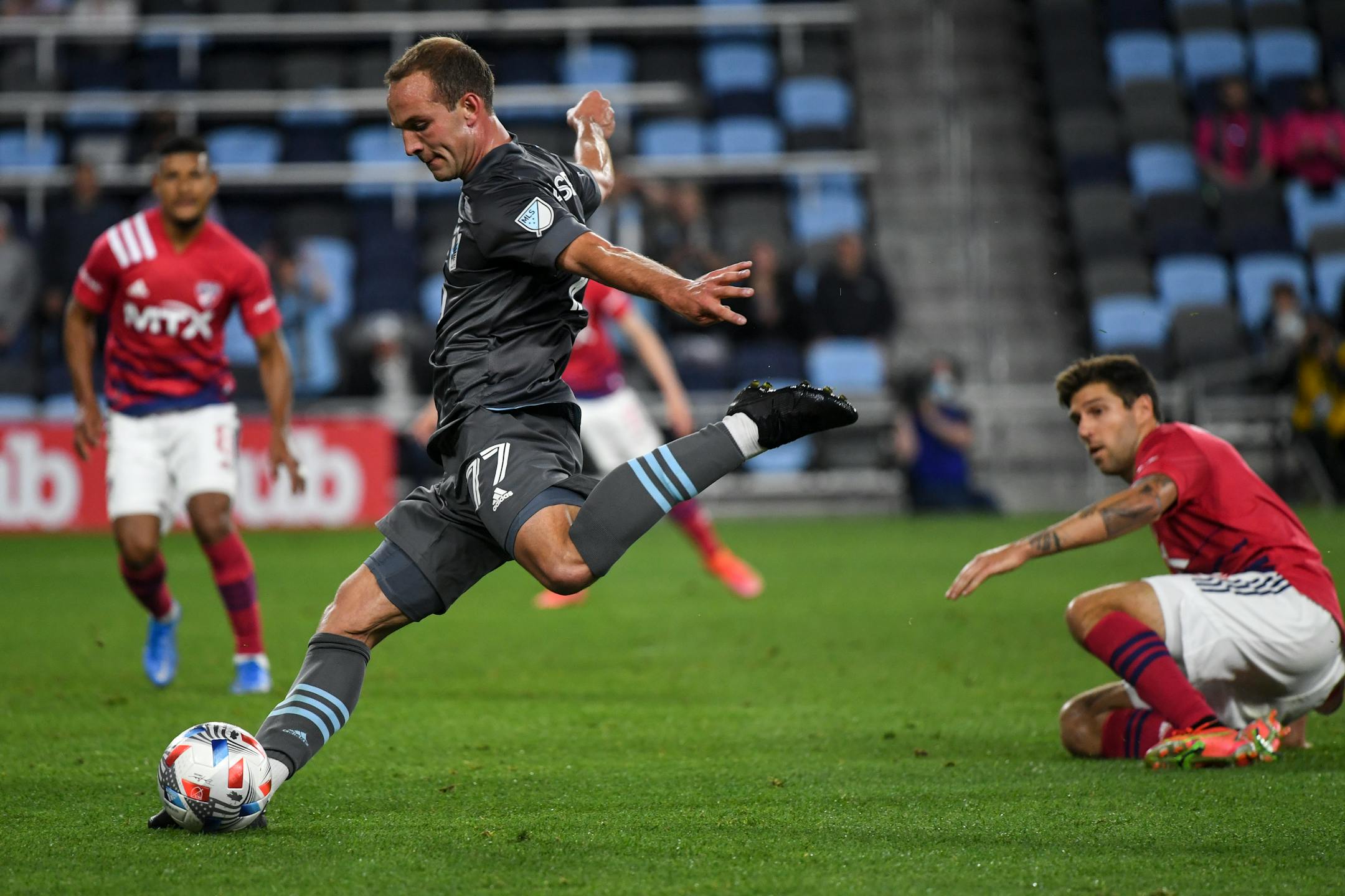 Loons defender Chase Gasper attempts a shot on goal in the second half against FC Dallas on May 15