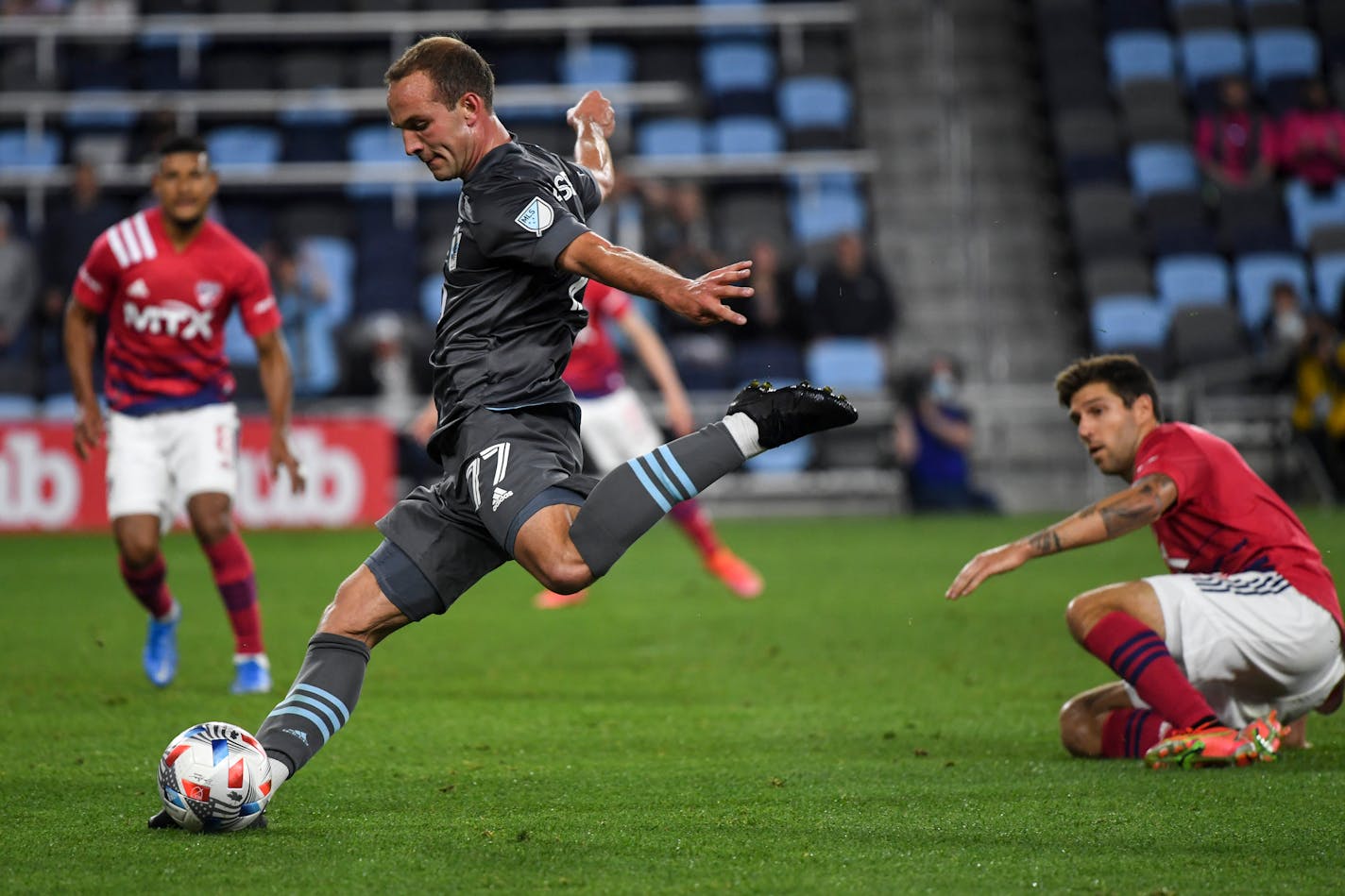 Loons defender Chase Gasper attempts a shot on goal in the second half against FC Dallas on May 15