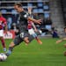 Loons defender Chase Gasper attempts a shot on goal in the second half against FC Dallas on May 15