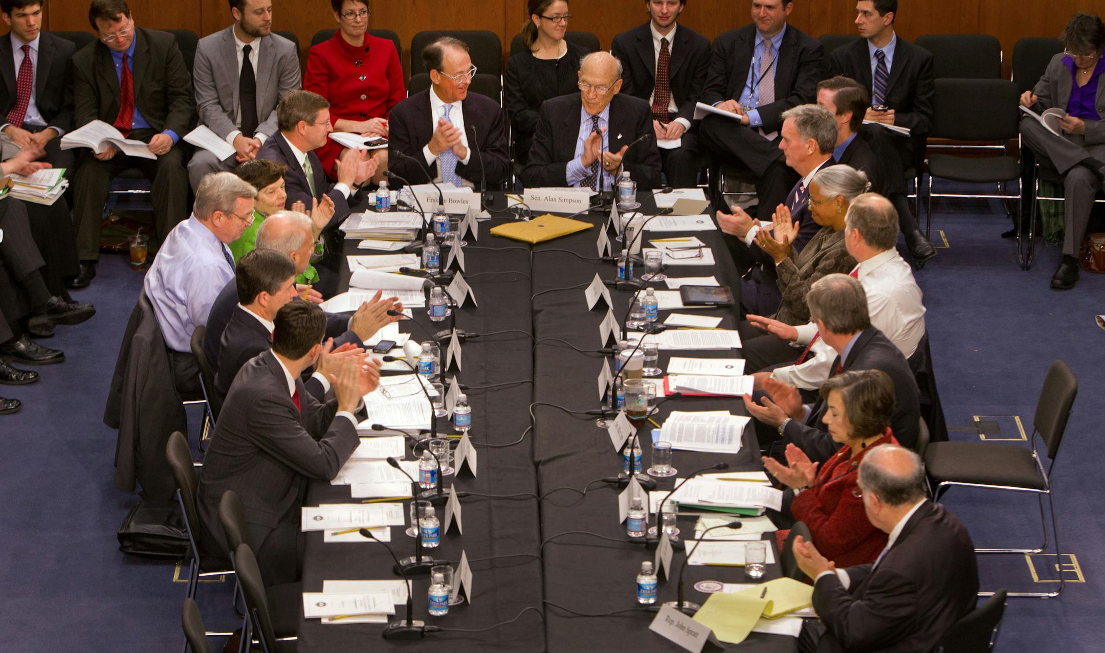 The co-chairmen of President Barack Obama's bipartisan commission on reducing the federal debt, Erskine Bowles (head of table, left) and Alan Simpson (head of table, right).