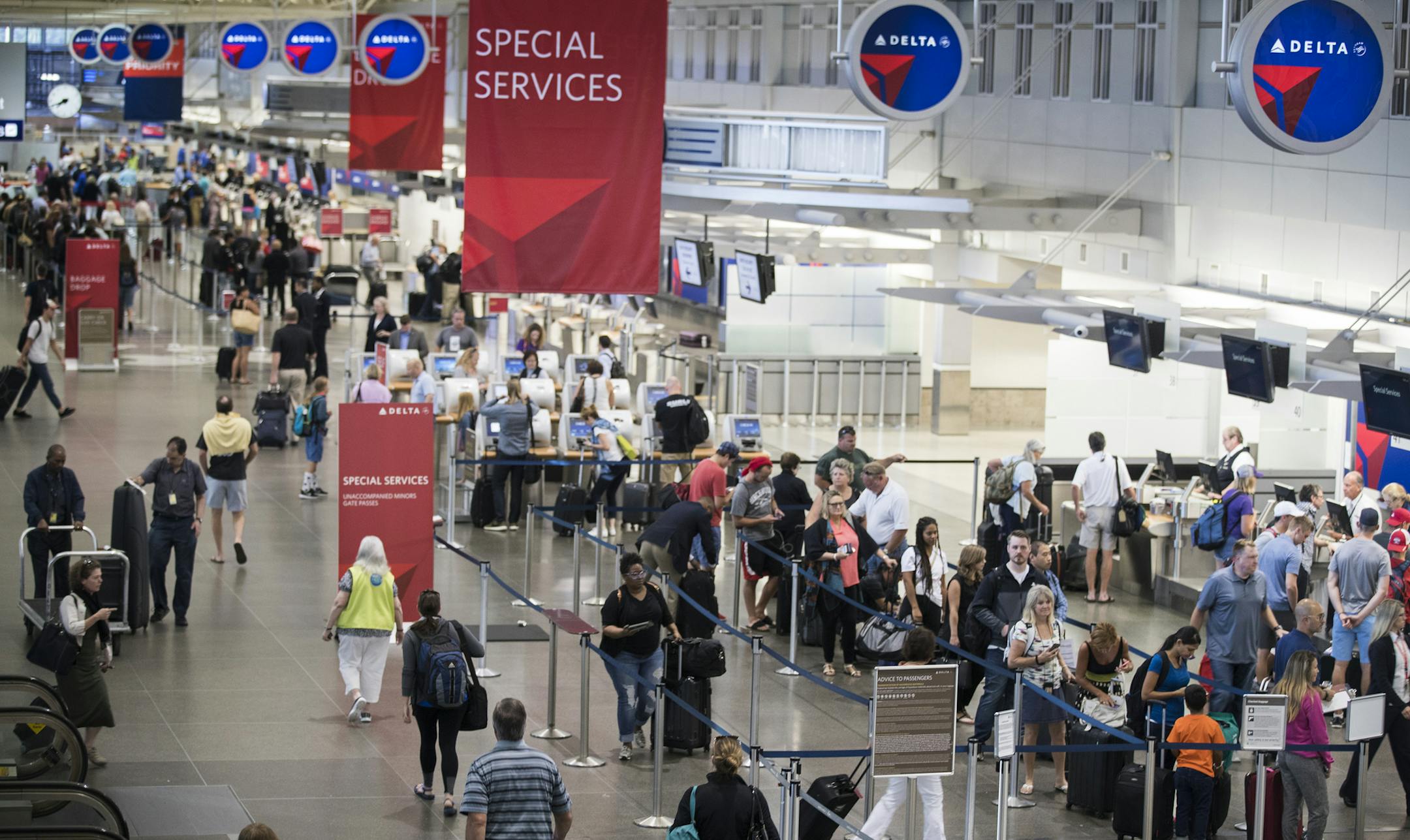 People waited in line at Minneapolis-St. Paul International Airport in August.