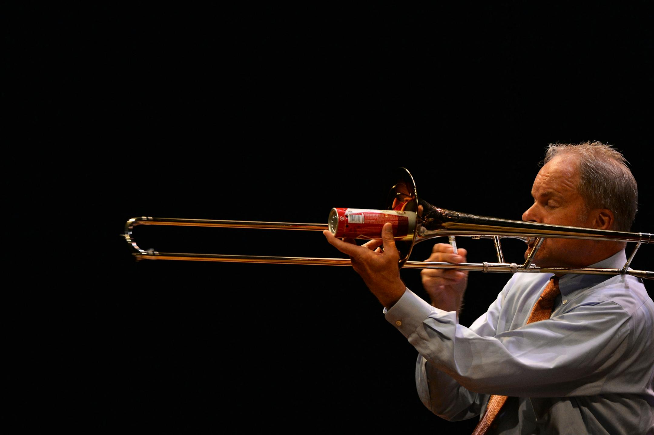 Jerry Zigmont of Woody Allen's jazz band played the trombone at the State Theatre in Minneapolis, Minn. on Sunday August 2, 2015.