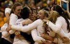 The Gophers' volleyball team celebrated after its win against Ohio State in five sets last week. This year, the Gophers team won its first Big Ten cha
