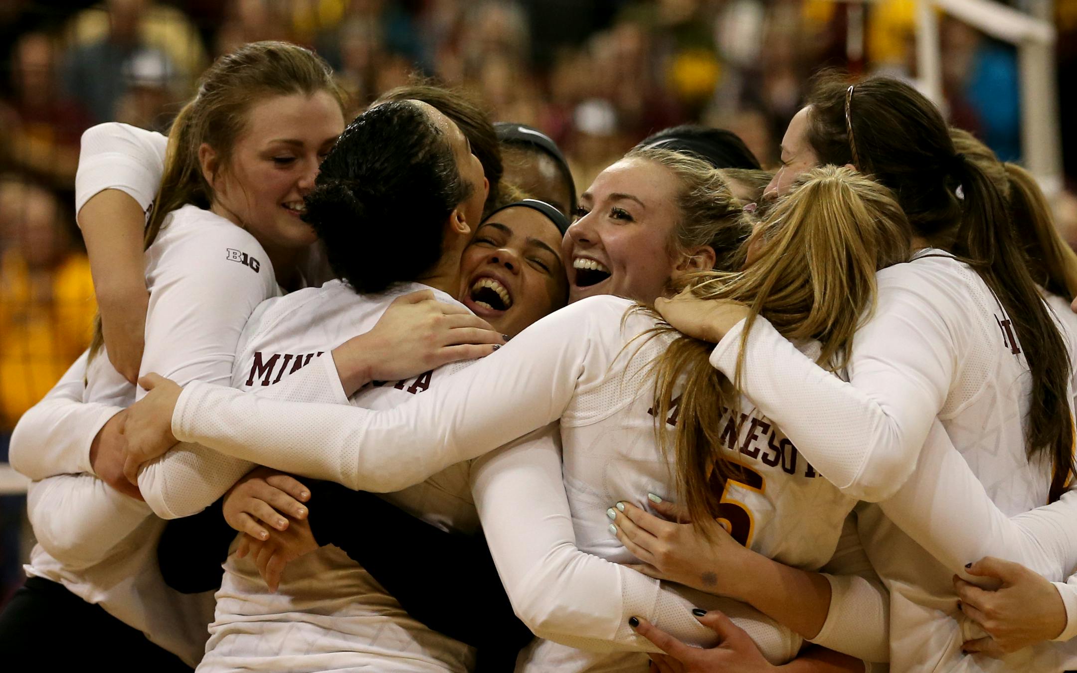 The Gophers' volleyball team celebrated after its win against Ohio State in five sets last week. This year, the Gophers team won its first Big Ten championship since 2002.