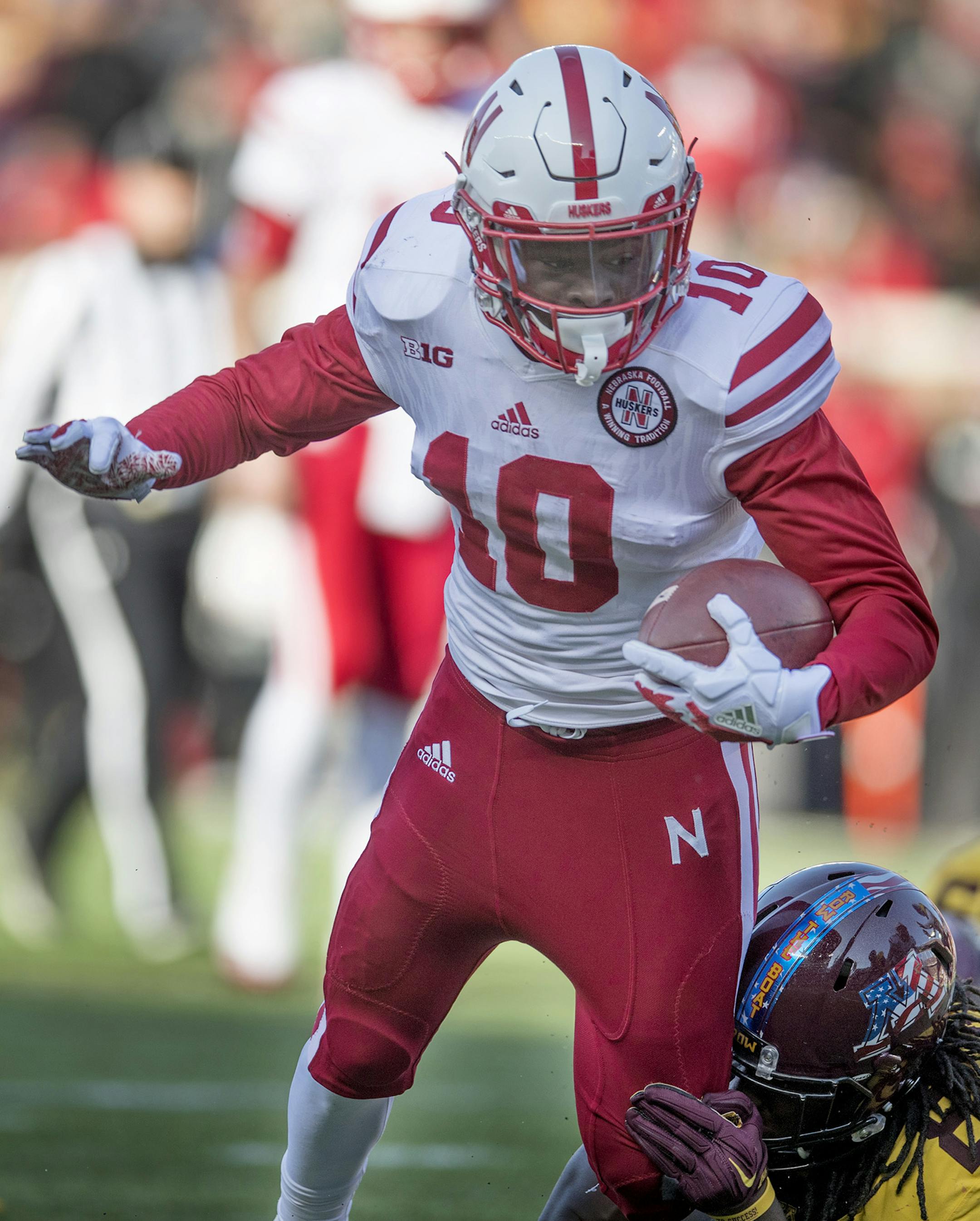 Nebraska's wide receiver JD Spielman is stopped by Minnesota's defensive back Duke McGhee during the first quarter as the Gophers took on Nebraska, Saturday, November 11, 2017 at TCF Bank Stadium in Minneapolis, MN. ] ELIZABETH FLORES ï liz.flores@startribune.com