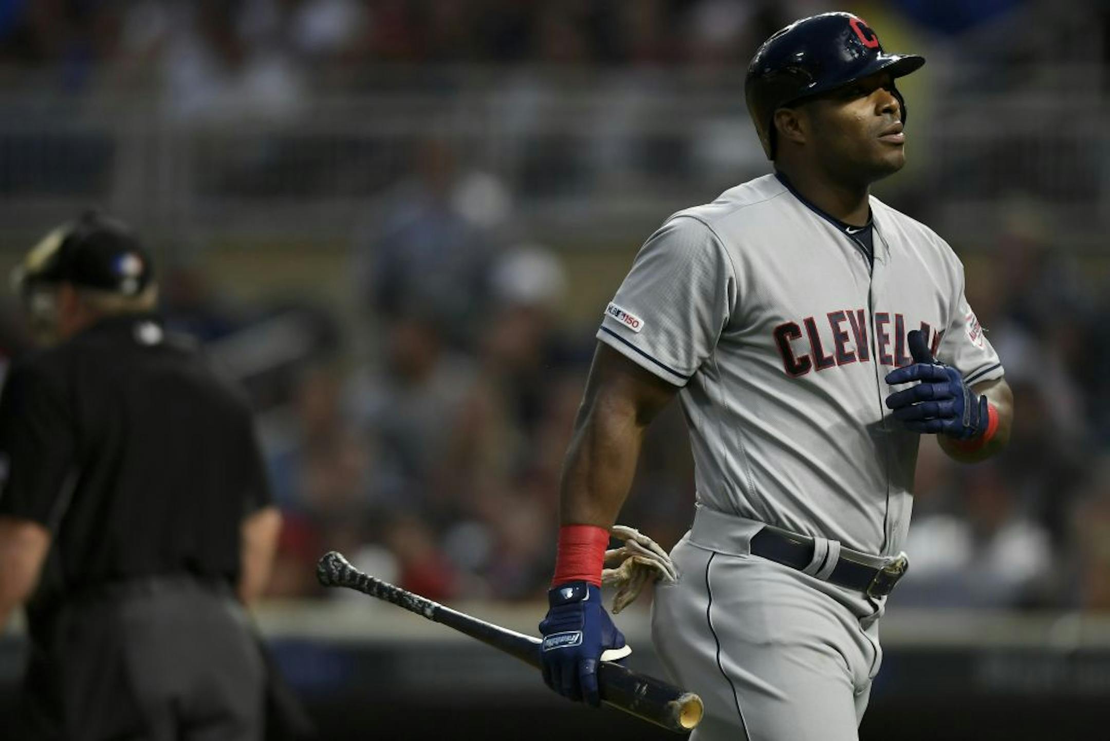 Cleveland Indians right fielder Yasiel Puig (66) was struck out by Minnesota Twins starting pitcher Jake Odorizzi (12) in the top of the first inning.