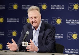 FILE - Larry Bird speaks after resigning from his position as Indiana Pacers president of basketball operations during a news conference Monday, May 1