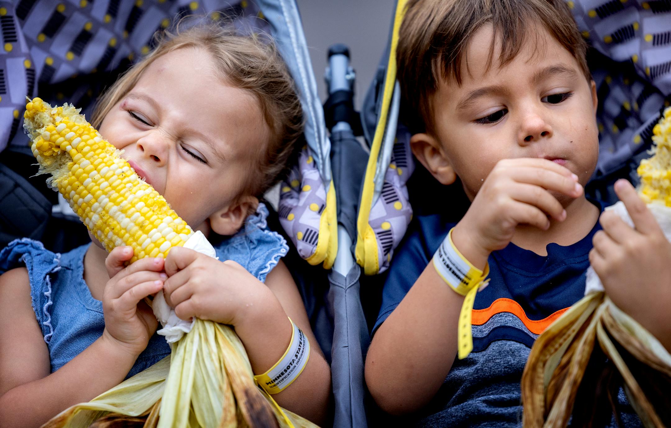 Rose Gleason, 3, and James Gleason, 5, of Atlanta, GA ate corn on the cob Thursday, August 25, 2022, at The Minnesota State Fair in Falcon Heights, Minn.  ] CARLOS GONZALEZ • carlos.gonzalez@startribune.com