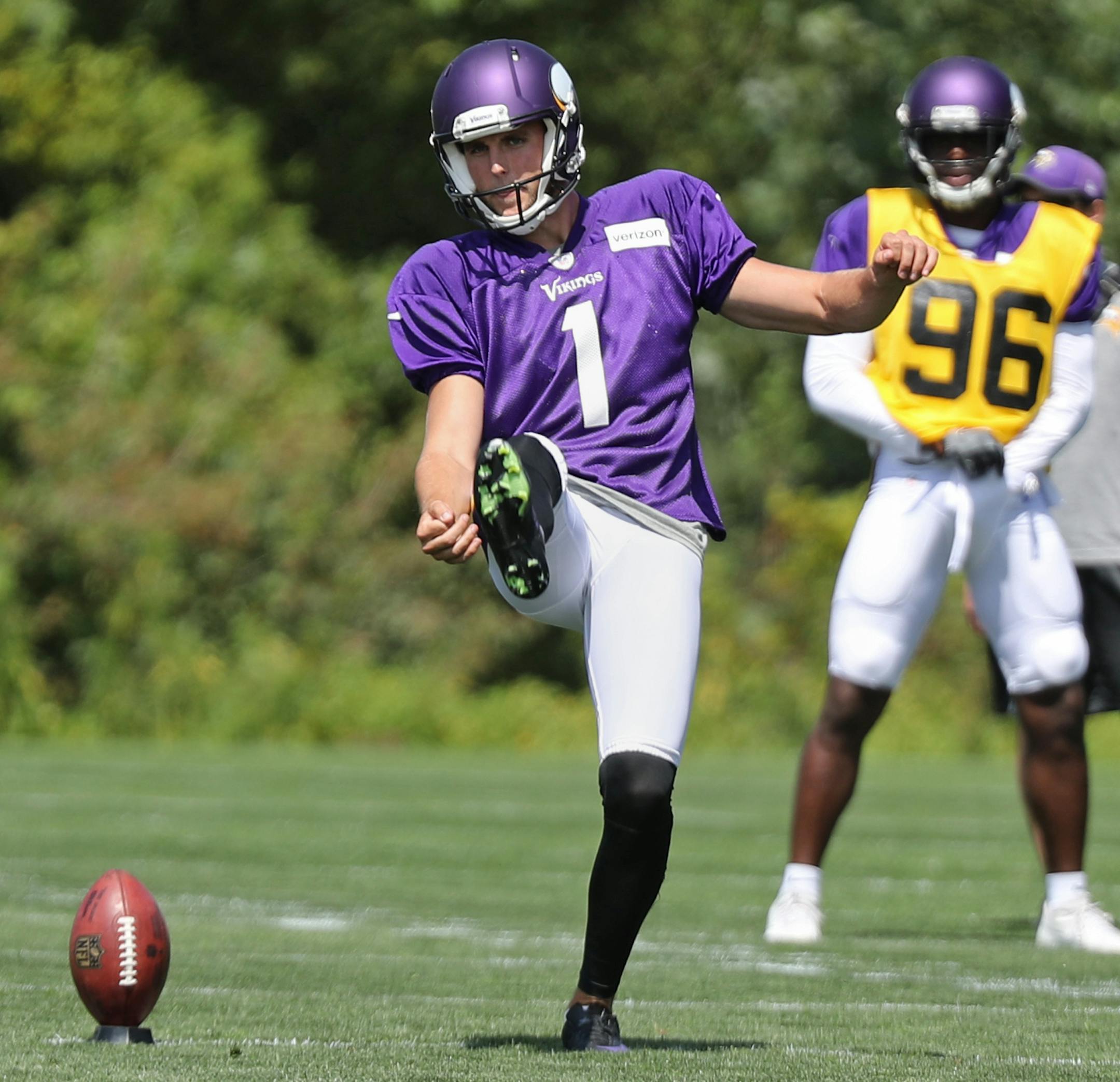 Kicker Marshall Koehn during a kick return drill. ] Shari L. Gross ï shari.gross@startribune.com Latavius Murray is finally on the Vikings practice field, but the new running back has a lot of catching up to do if he wants to supplant Dalvin Cook. Photos made at Winter Park in Eden Prairie, Minn. on Tuesday, August 15, 2017.