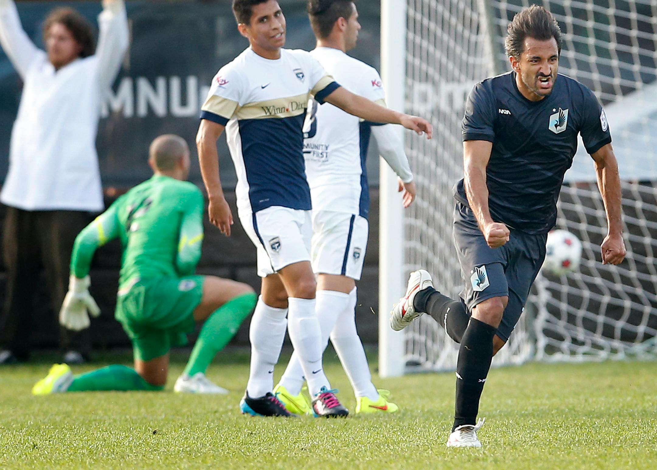 Juliano Vicentini celebrated after scoring United FC’s first goal against Jacksonville in the 14th minute Wednesday night. Daniel Mendes, Christian Ramirez and Ibson also scored for the Loons.