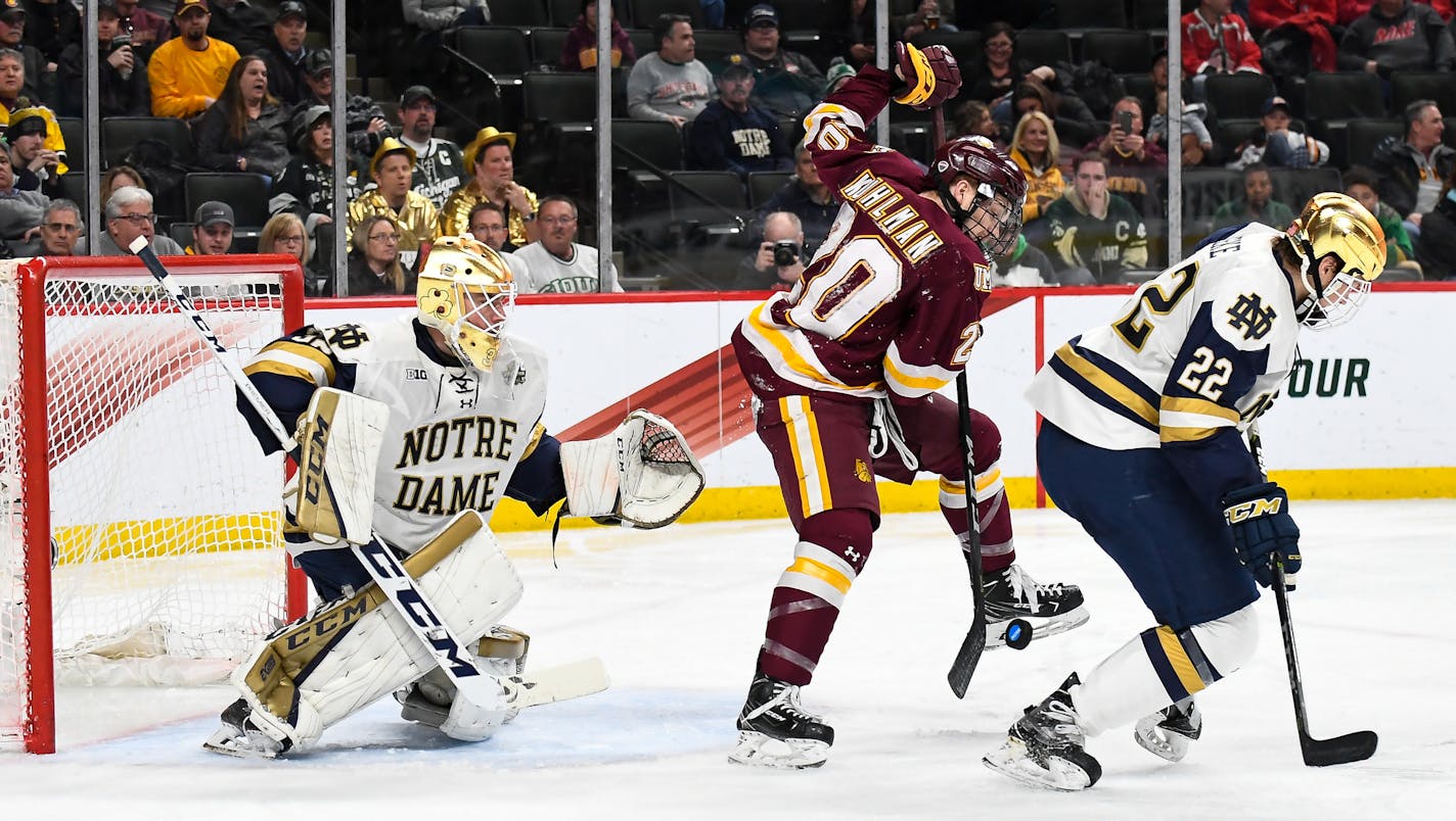 Minnesota-Duluth Bulldogs forward Karson Kuhlman (20) unsuccessfully tried to deflect a shot past Notre Dame Fighting Irish goaltender Cale Morris (32) in the second period. ] AARON LAVINSKY &#xef; aaron.lavinsky@startribune.com The University of Minnesota-Duluth Bulldogs played the Notre Dame Fighting Irish in the NCAA Championship men's hockey game on Friday, April 6, 2018 at Xcel Energy Center in St. Paul, Minn.