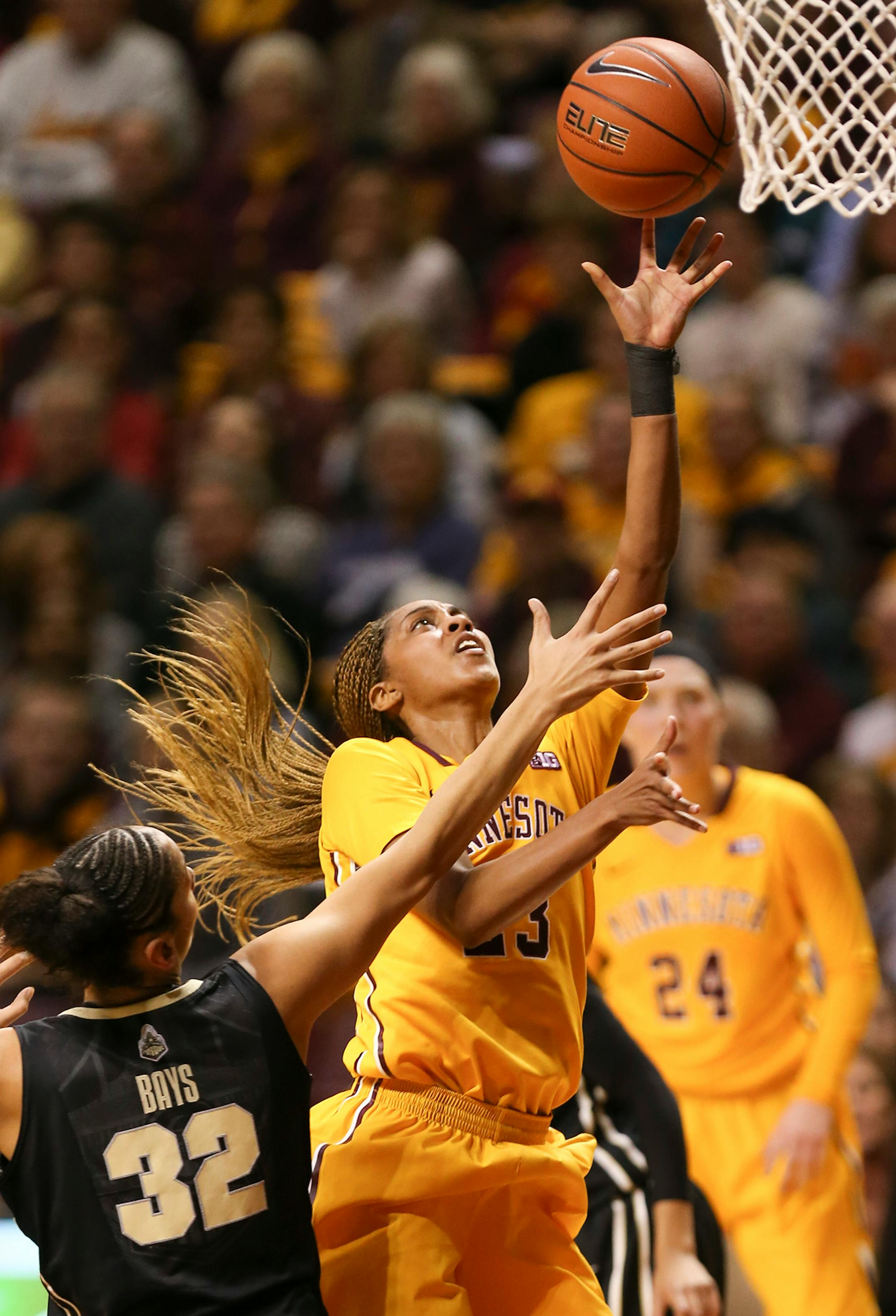 Gophers Shae Kelley (23)went for two-points during the first half. ] RENEE JONES SCHNEIDER • reneejones@startribune.com Minnesota Gophers women's basketball verse. Purdue Boilermakers at Williams Arena at the University of Minnesota on Thursday, January 22, 2015 in Minneapolis, Minn.