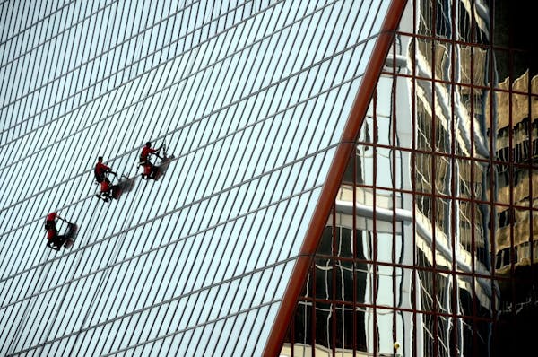 Window washers at the Thrivent Financial building.