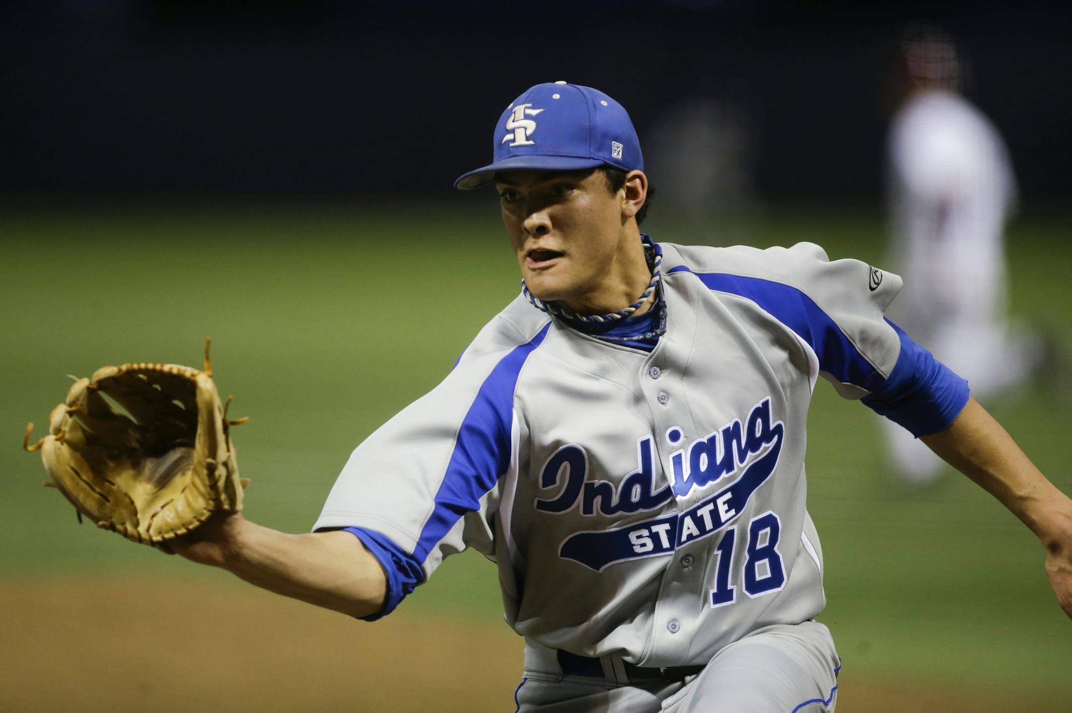 Indiana State starter Sean Manaea prepares to take the throw at home plate after throwing a pass ball with bases loaded and two outs with the tying run on third base. Manaea covered home in time to get the throw and tag the runner out and get the win in a complete 2-1 outing against the University of Minnesota Friday, March 15, 2013, at the Metrodome.] (DAVID JOLES/STARTRIBUNE) djoles@startribune.com University of Minnesota and Indiana State in baseball action Friday, March 15, 2013, at the Metr