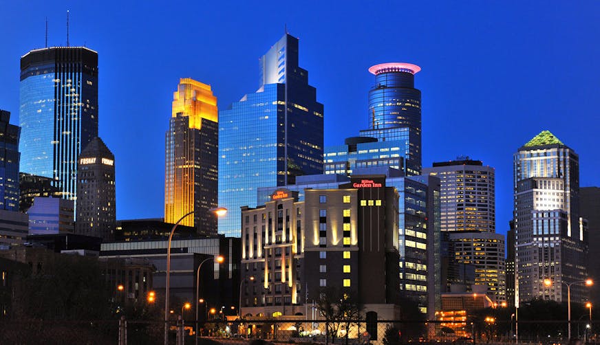 The Minneapolis skyline from I-35W, south of Minneapolis.